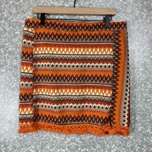 Shein Curve Women's Orange Boho Embroidered Tribal Skirt - Size 2XL - Fringe Hem